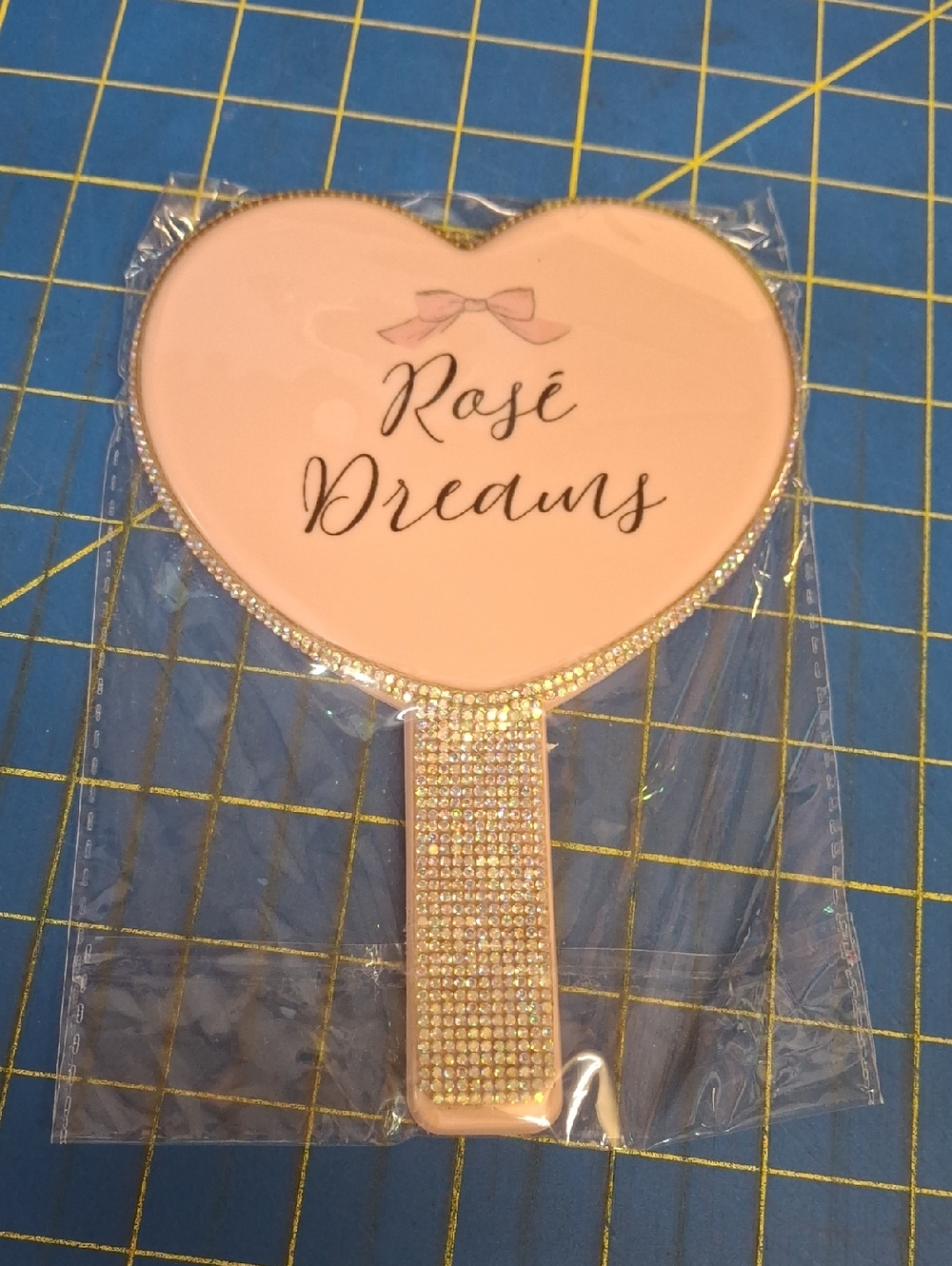 Pink "Rosé Dreams" Heart Hand 7.5" Mirror with Rhinestone Handle New